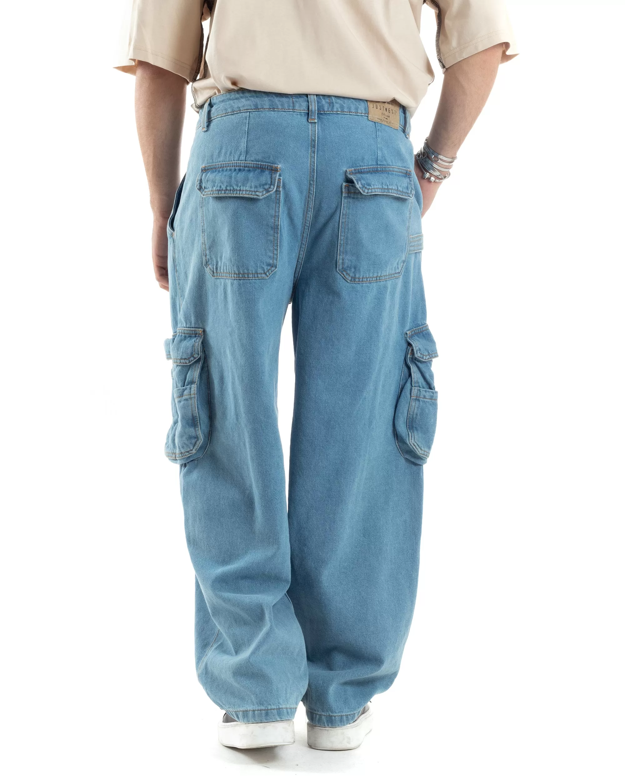 Pantaloni Uomo Cargo Tasconi Jeans Baggy Carpenter Oversize Denim Fondo Largo Ampio GIOSAL-JS1028A