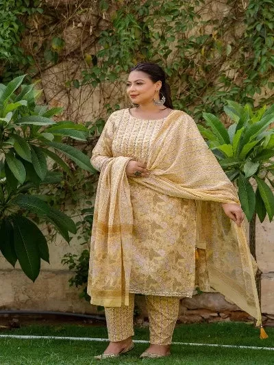 Plus Size Light Yellow Cotton Printed Readymade Salwar Suit