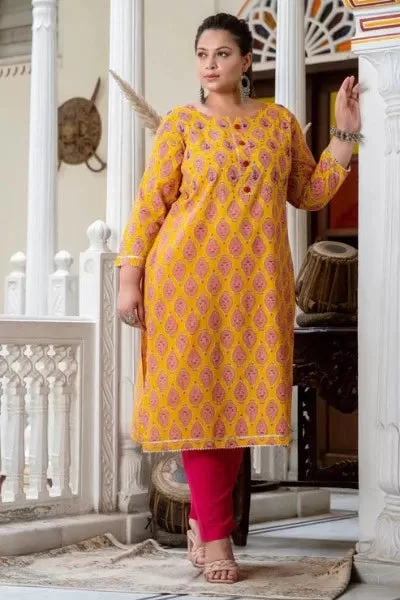 Plus size Mustard Pink Cotton Readymade Kurti