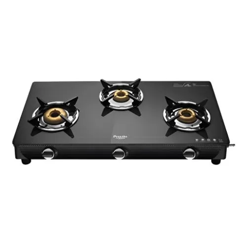 Preethi Valentino Glass Top 3 Burner Gas Stove, Manual Ignition, Black