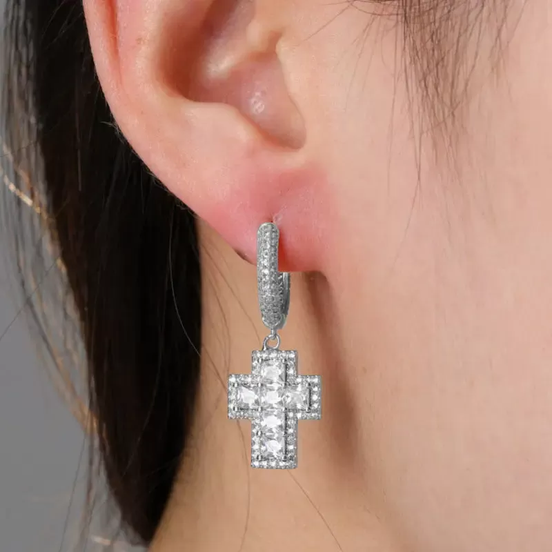 Princess Cut Diamond Cross Earrings in White Gold