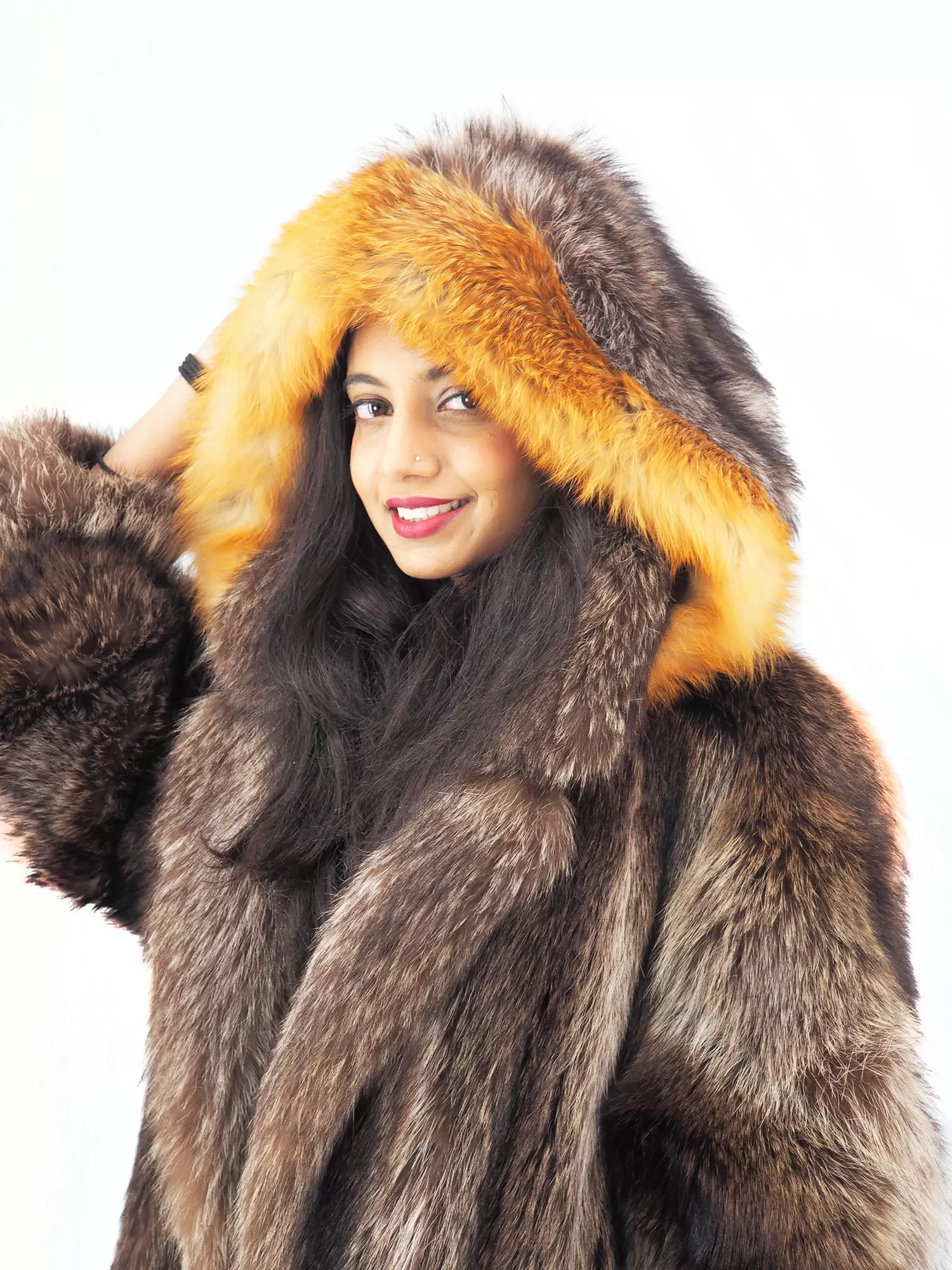 Raccoon Fur Coat Coats Detachable Hood with Red Fox Trim M/L 49 Long