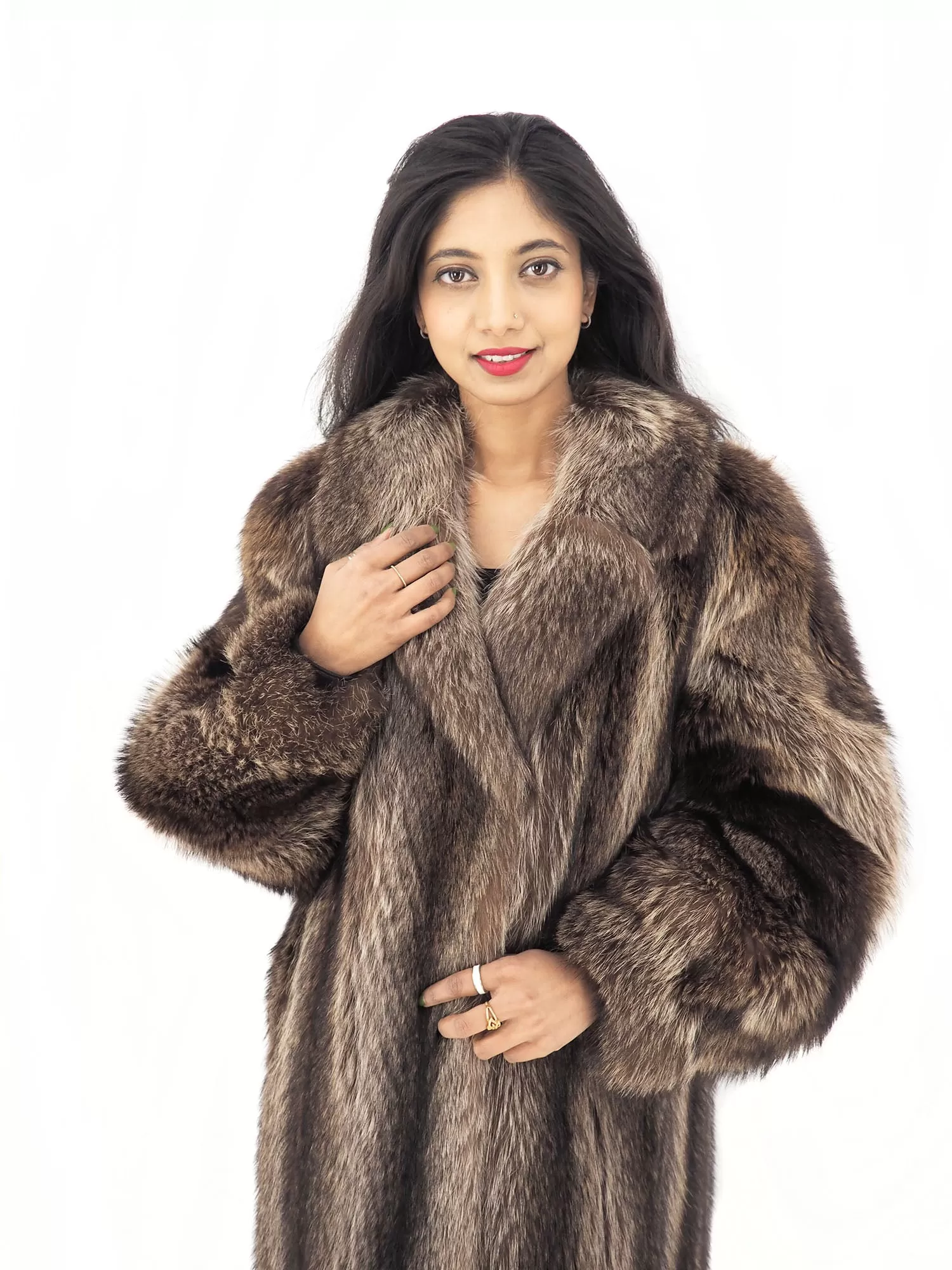 Raccoon Fur Coat Coats Detachable Hood with Red Fox Trim M/L 49 Long