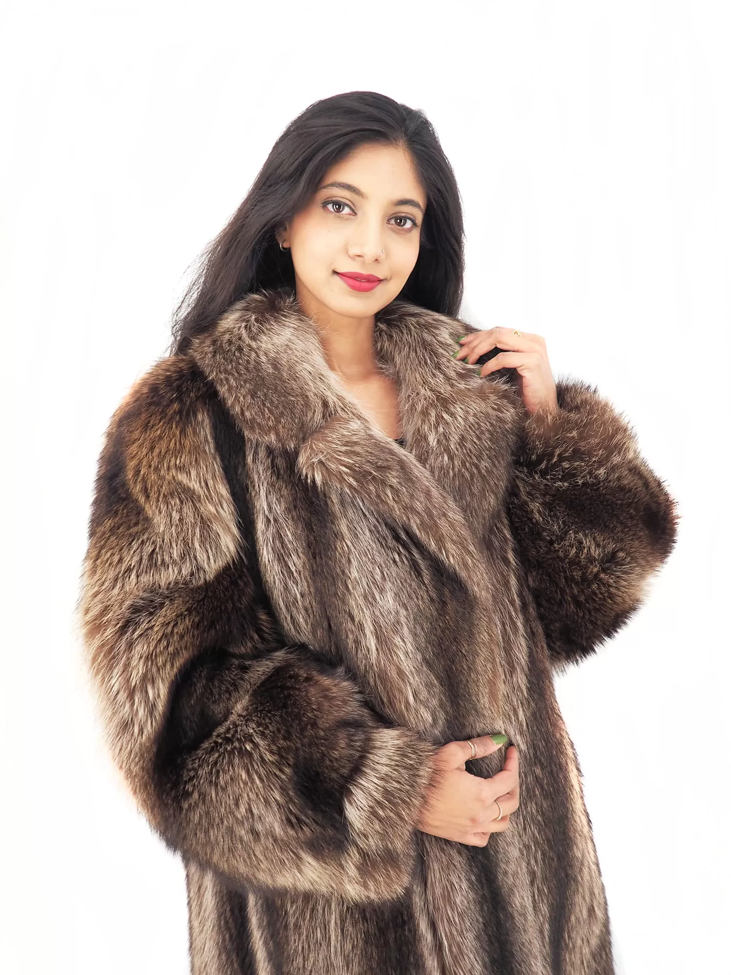 Raccoon Fur Coat Coats Detachable Hood with Red Fox Trim M/L 49 Long