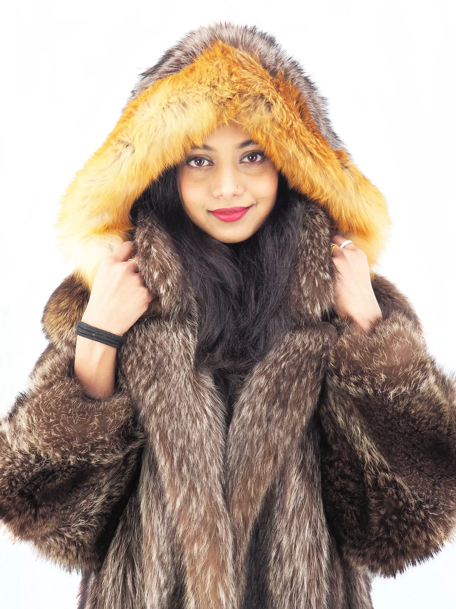 Raccoon Fur Coat Coats Detachable Hood with Red Fox Trim M/L 49 Long