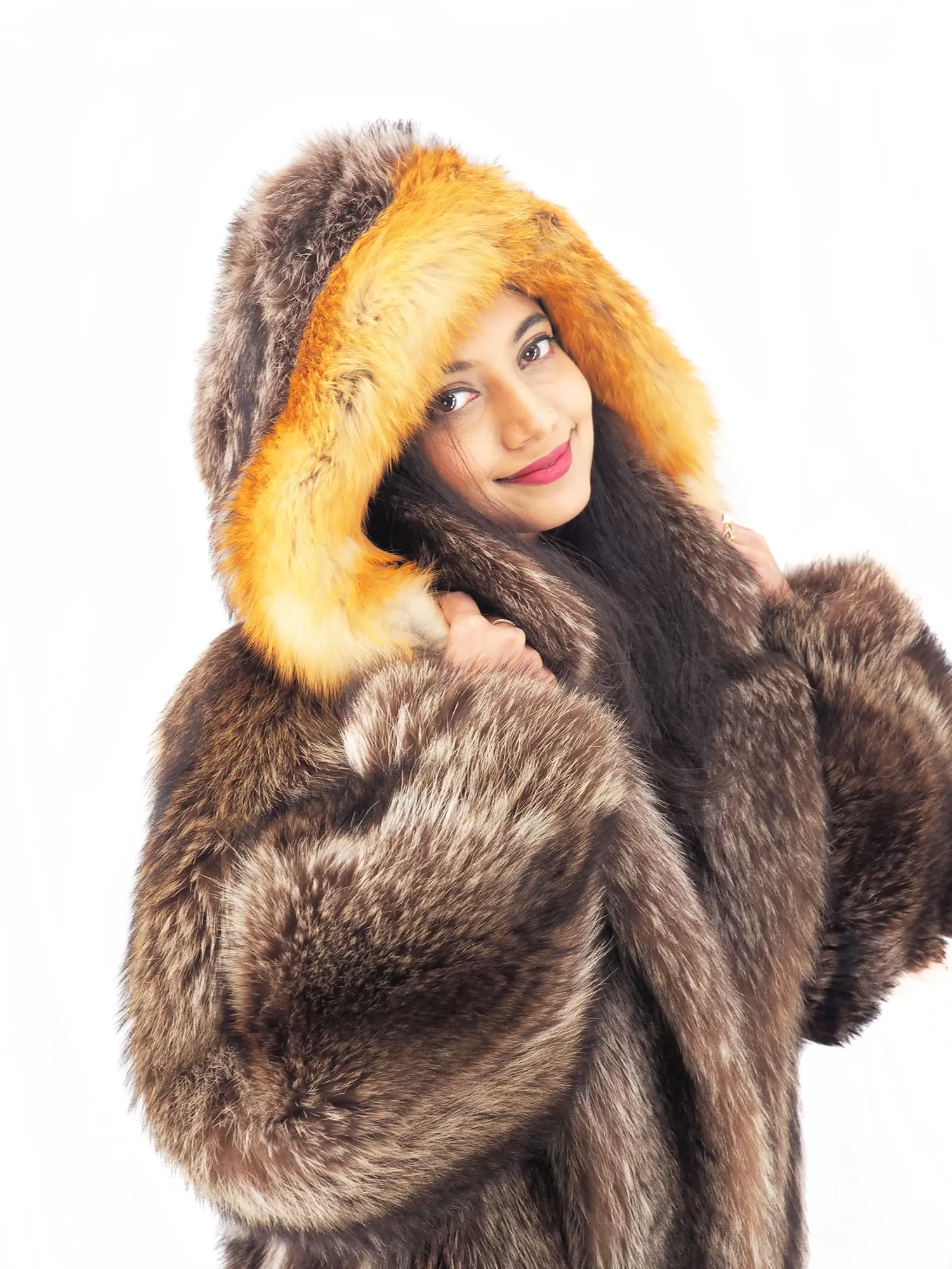 Raccoon Fur Coat Coats Detachable Hood with Red Fox Trim M/L 49 Long