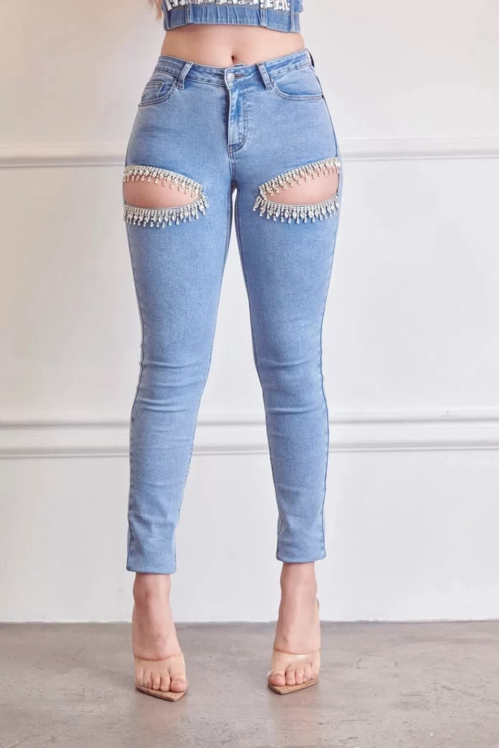 Rhinestone Curvy Stretch Skinny Jeans - Light Blue Wash