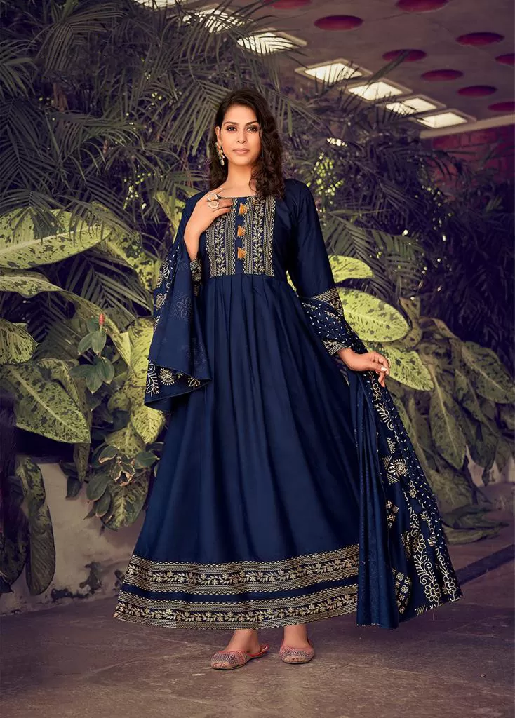 Royal Blue Color Fancy Foil Printed Rayon Gowns With Dupatta Collection