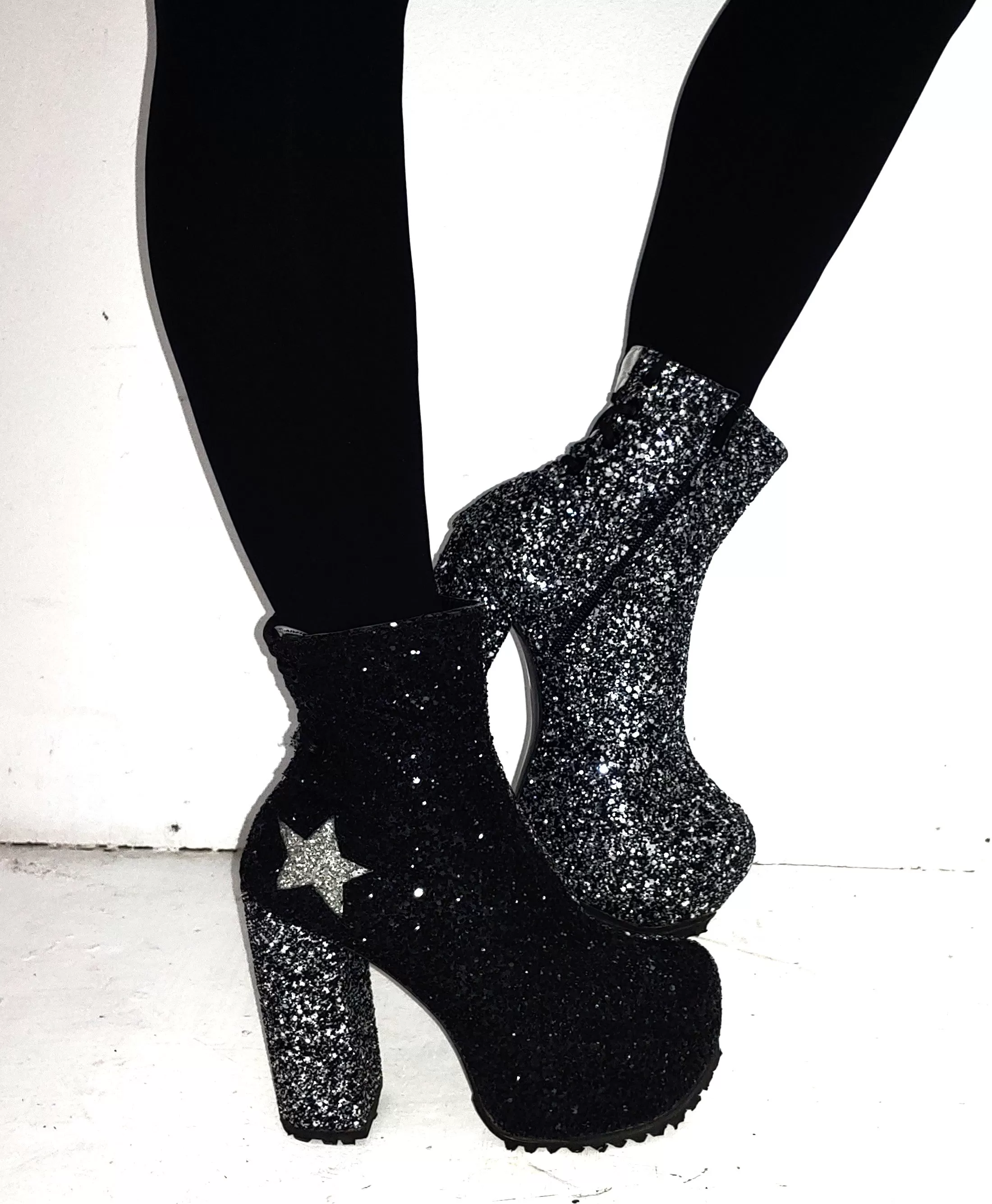 STARDUST Harlequin Platform Ankle Boots in Black & Silver Glitter