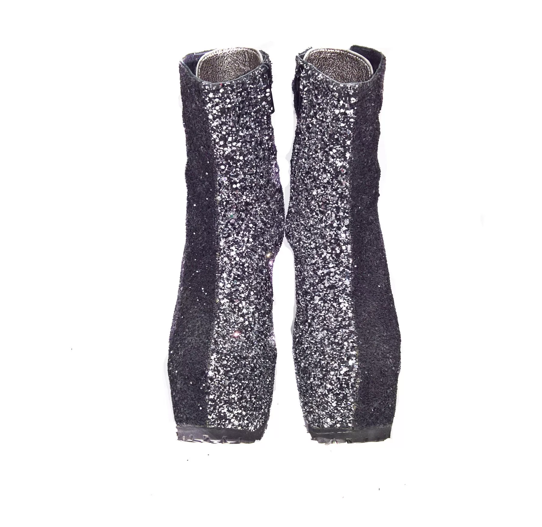 STARDUST Harlequin Platform Ankle Boots in Black & Silver Glitter