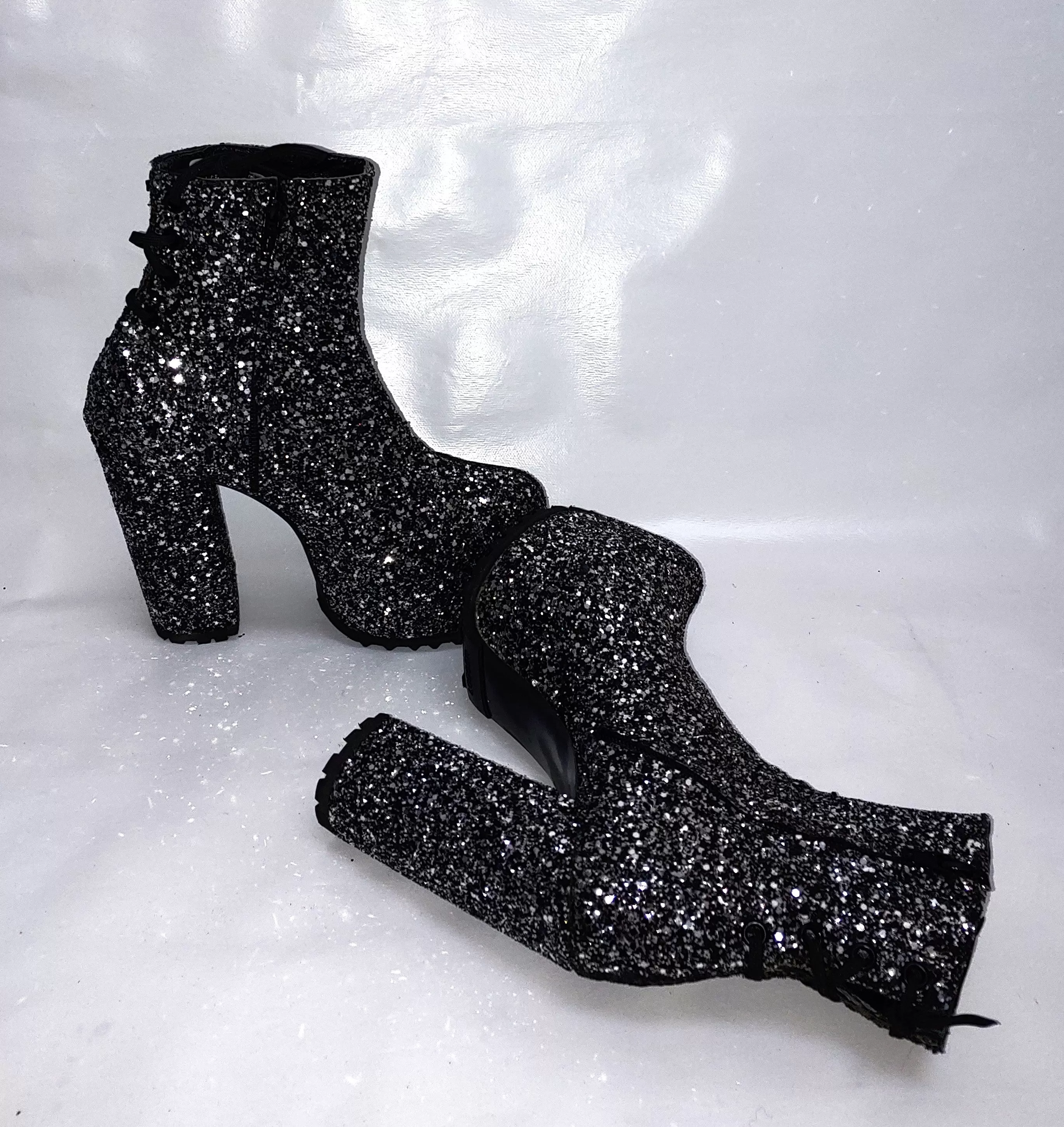 STARDUST Harlequin Platform Ankle Boots in Black & Silver Glitter