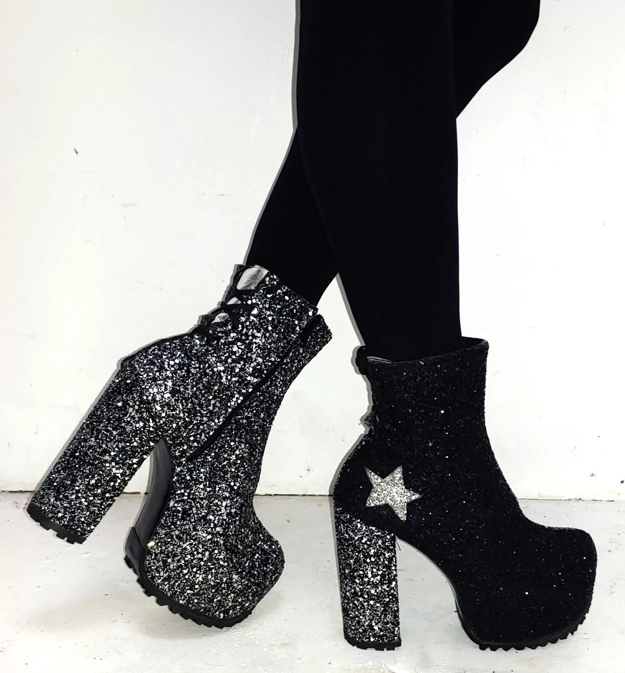 STARDUST Harlequin Platform Ankle Boots in Black & Silver Glitter