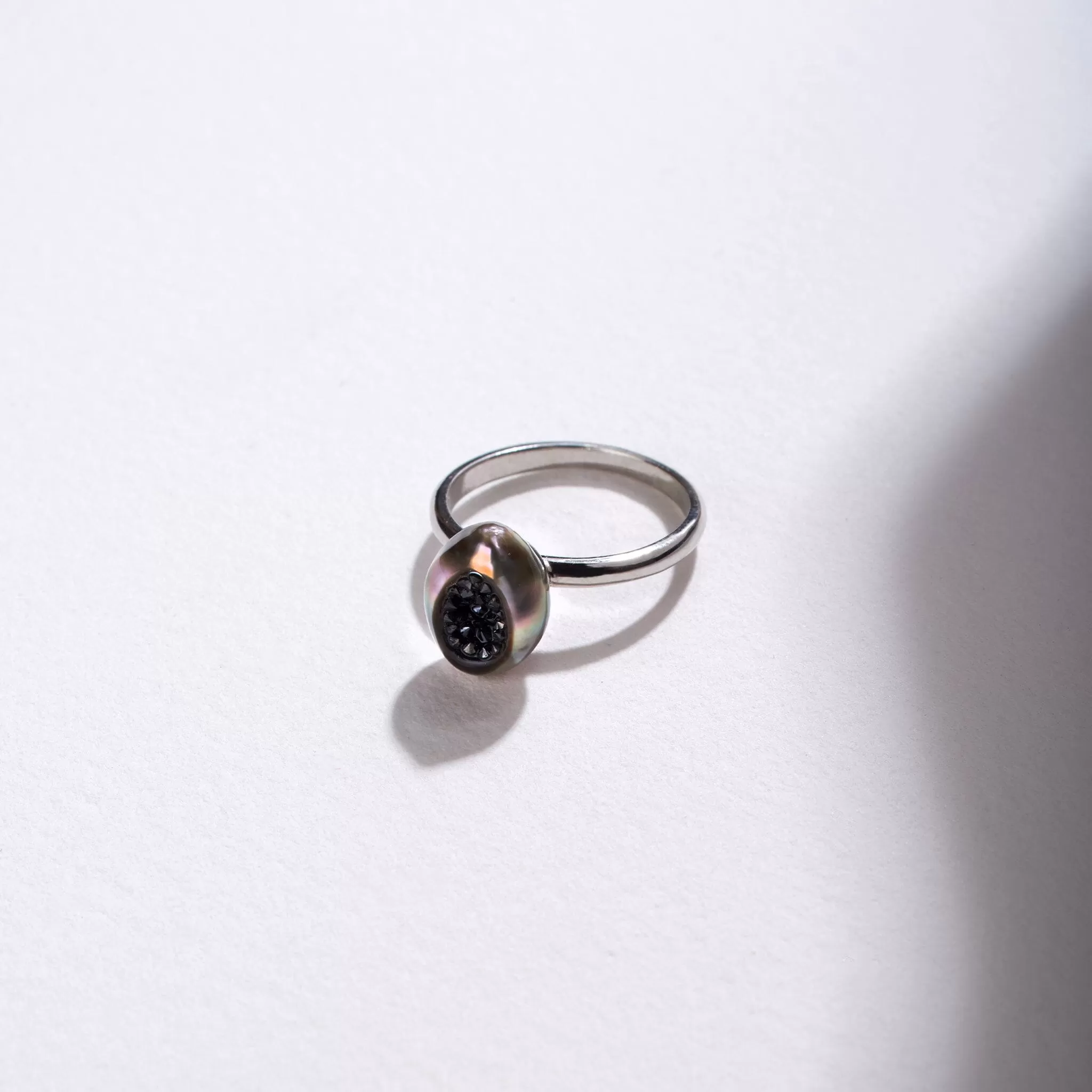 Tahitian Keshi Finestrino Pearl Ring with Black Diamond