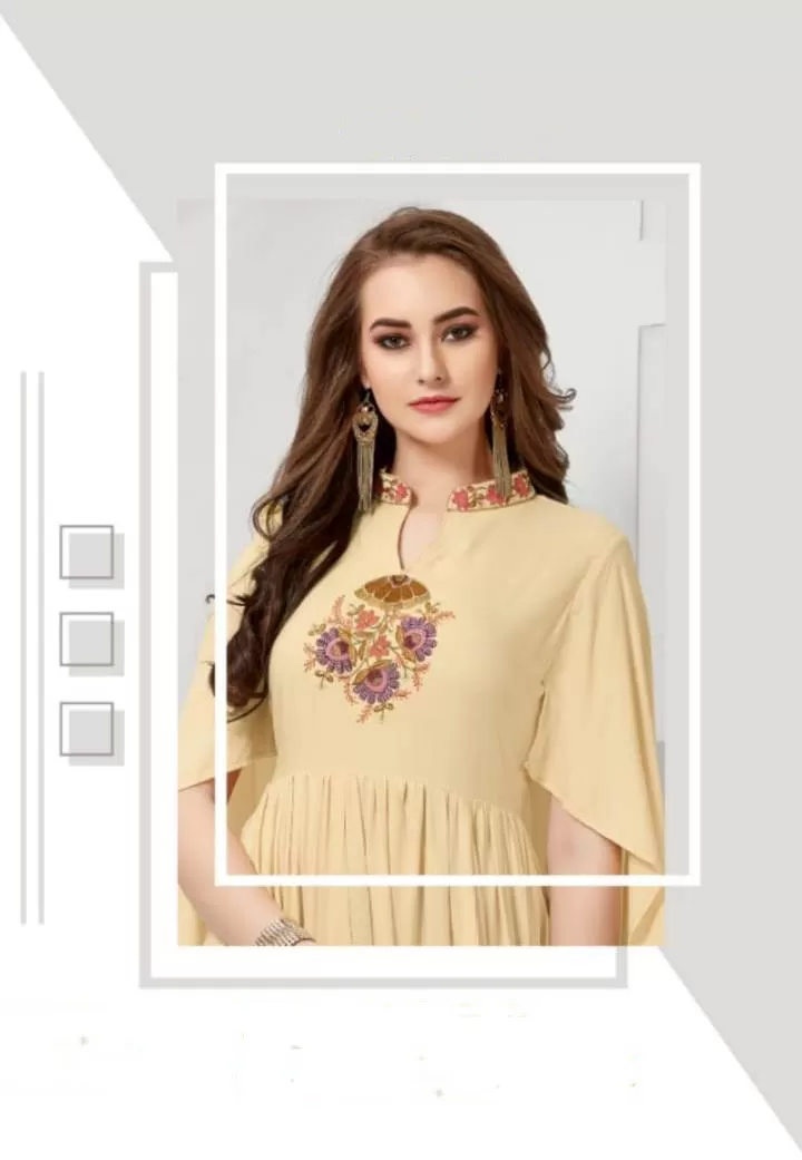 Trendy Cream Colored Slub Rayon Full Length Dress With Flared Sleeve