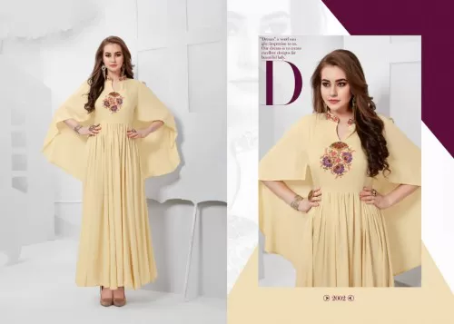 Trendy Cream Colored Slub Rayon Full Length Dress With Flared Sleeve