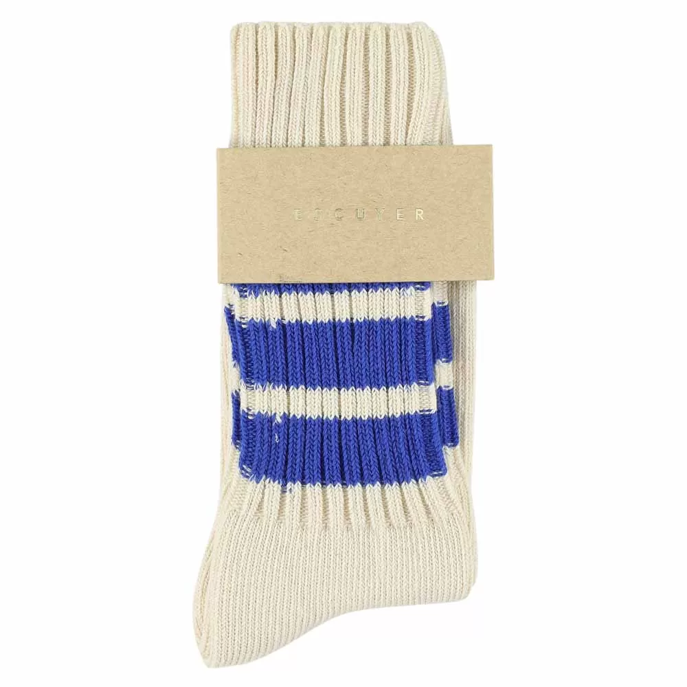 Women Stripes Crew Socks - Ecru / Bright Blue