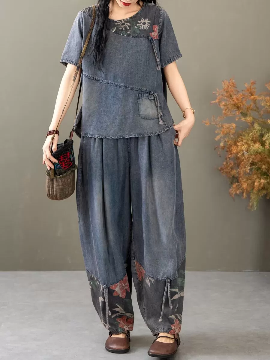 Women Summer Vintage Spliced Worn Shirt Pants PA1021