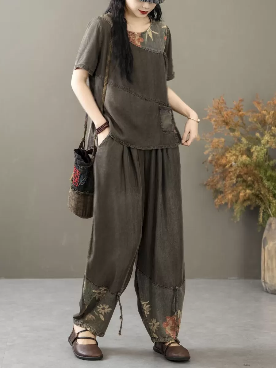 Women Summer Vintage Spliced Worn Shirt Pants PA1021