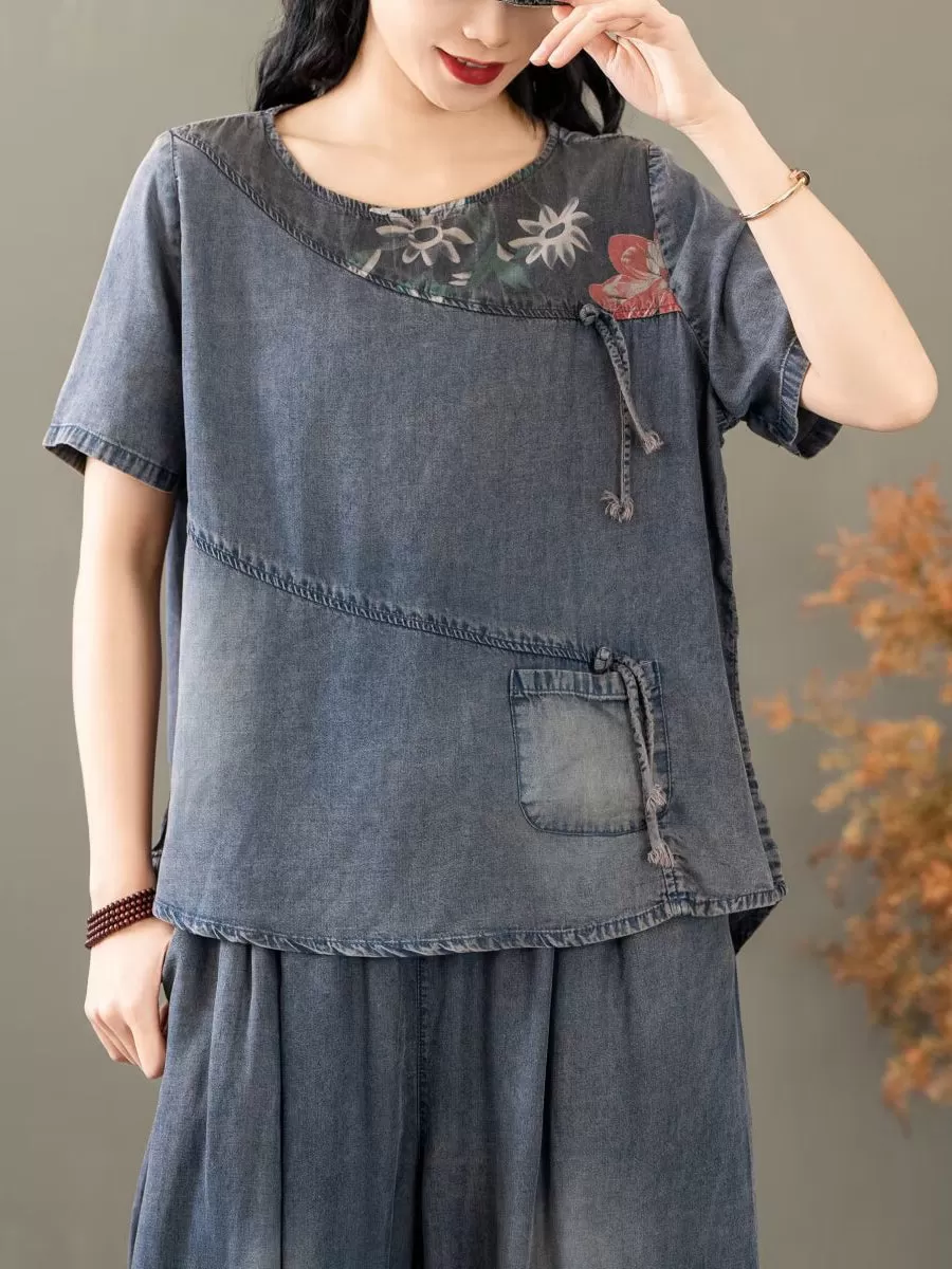 Women Summer Vintage Spliced Worn Shirt Pants PA1021