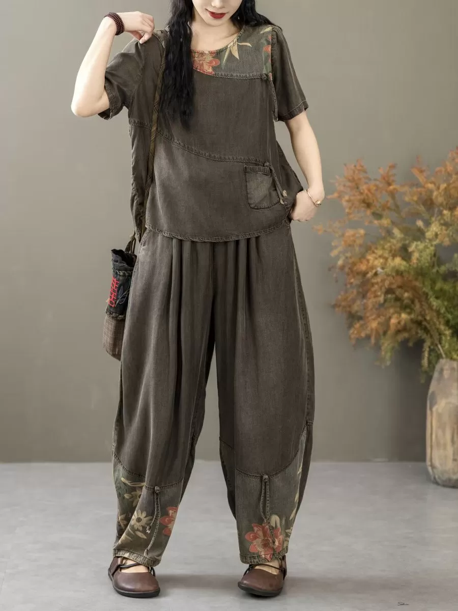 Women Summer Vintage Spliced Worn Shirt Pants PA1021