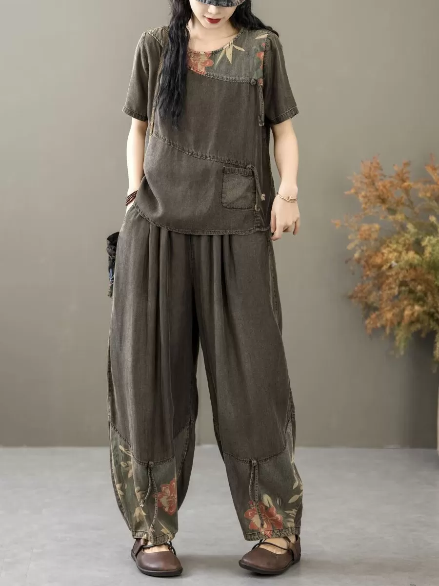 Women Summer Vintage Spliced Worn Shirt Pants PA1021