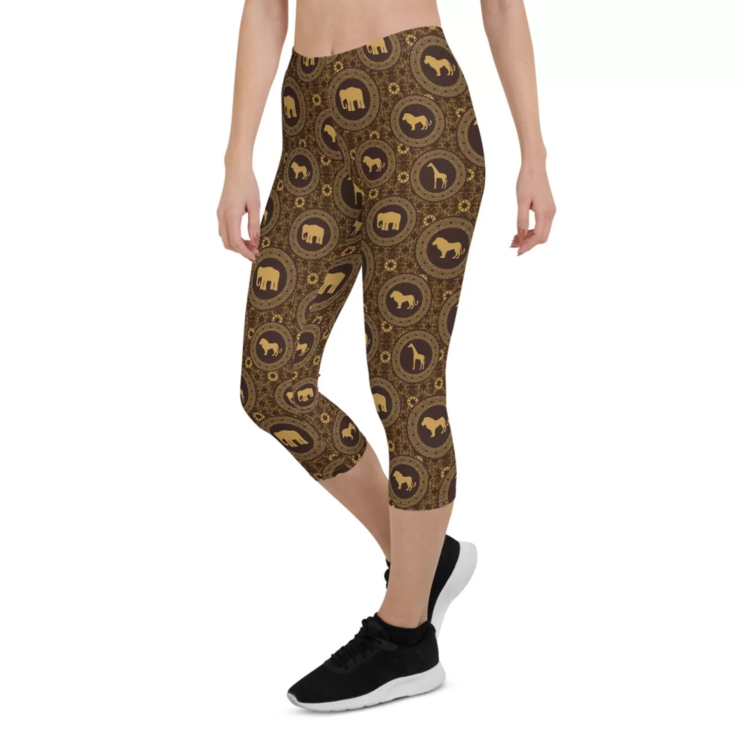 Womens Brown African Safari Animals Capri Leggings