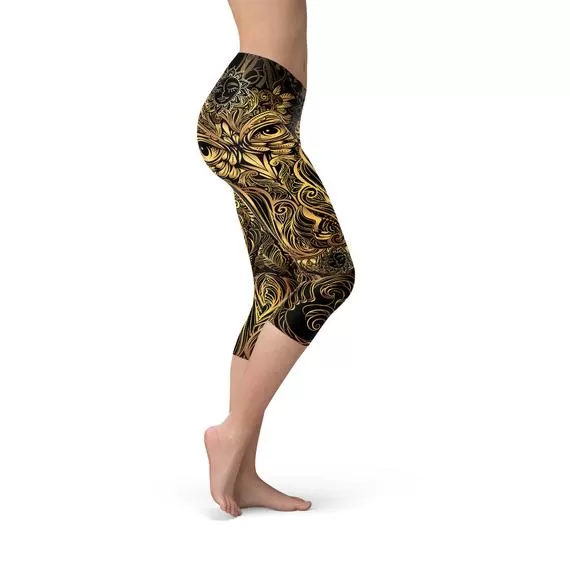 Womens Golden Ornament Owl Capri Leggings