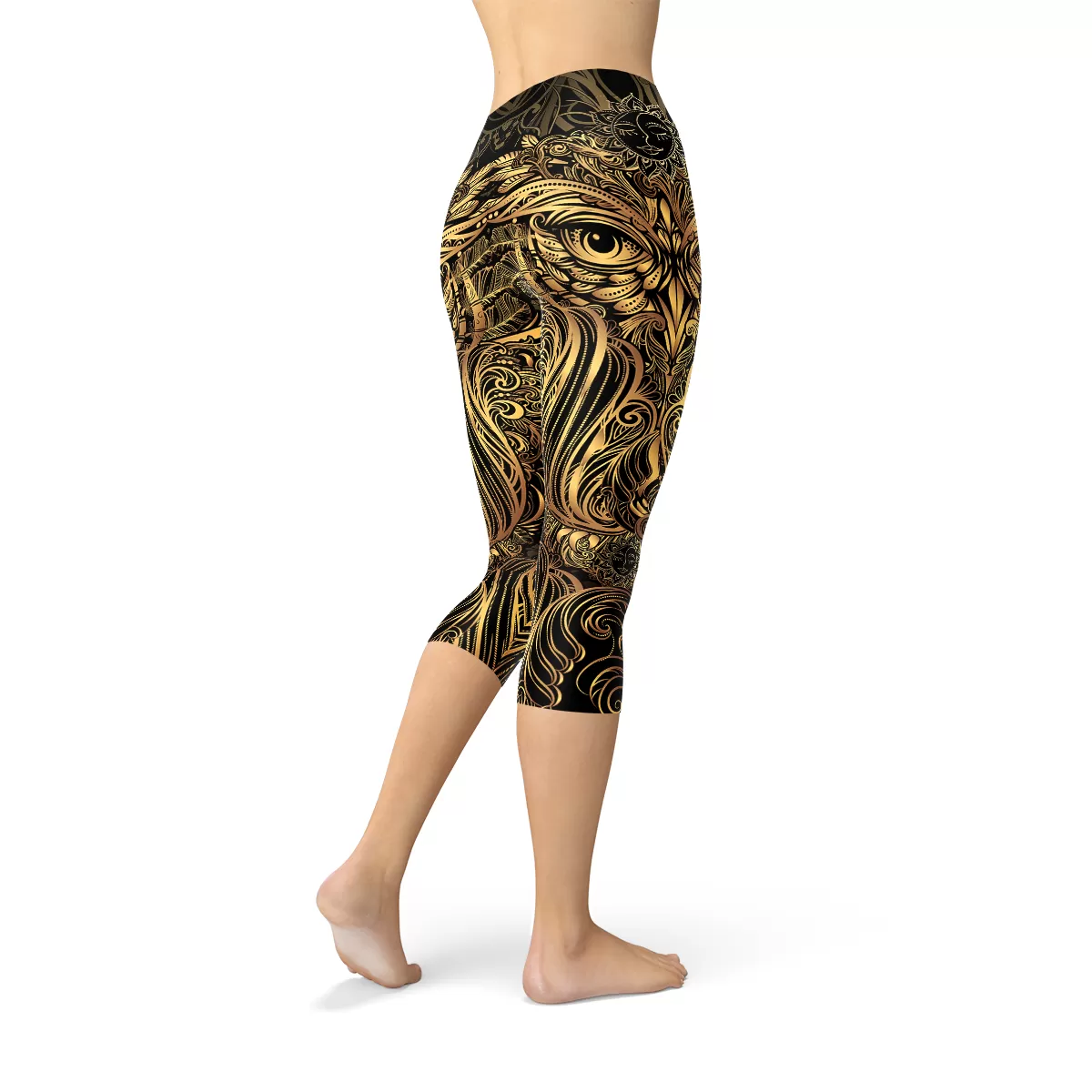 Womens Golden Ornament Owl Capri Leggings