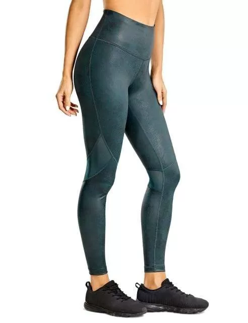 Women'S Matte Coated Faux Leather Texture Legging Workout Leggings Sport Women Fitness Mesh Tight Pants With Drawcord